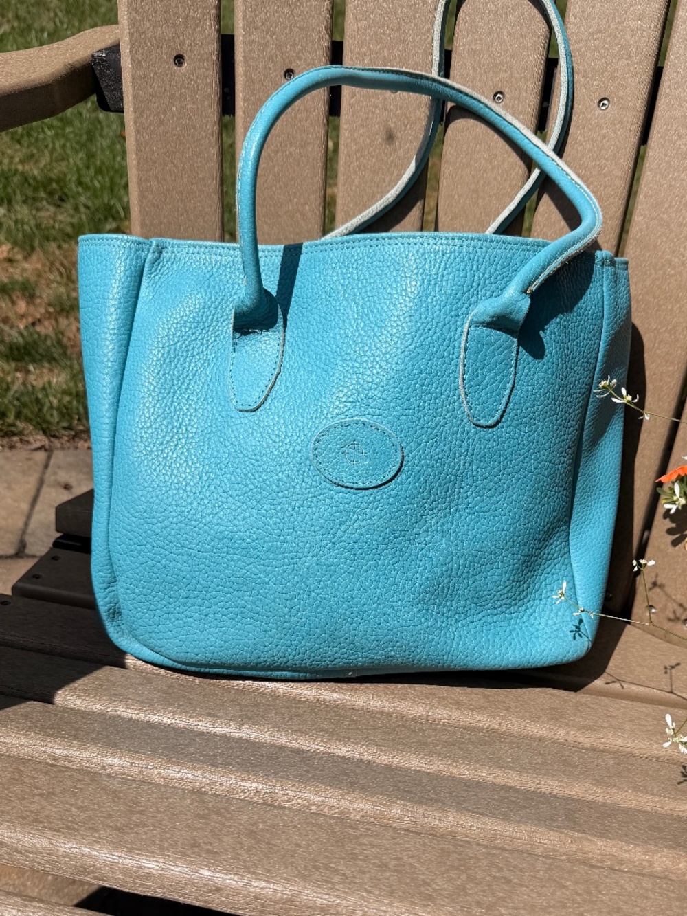 Teal Blue Leather Tote Bag with embossed whale and handles
